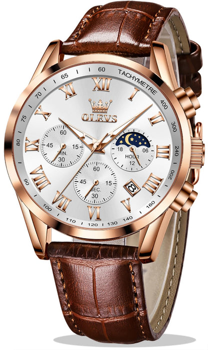 OLEVS Men's Leather Analog Quartz Watch - Luxury Chronograph Wristwatch with Date, Waterproof, Luminous - Dress Style
