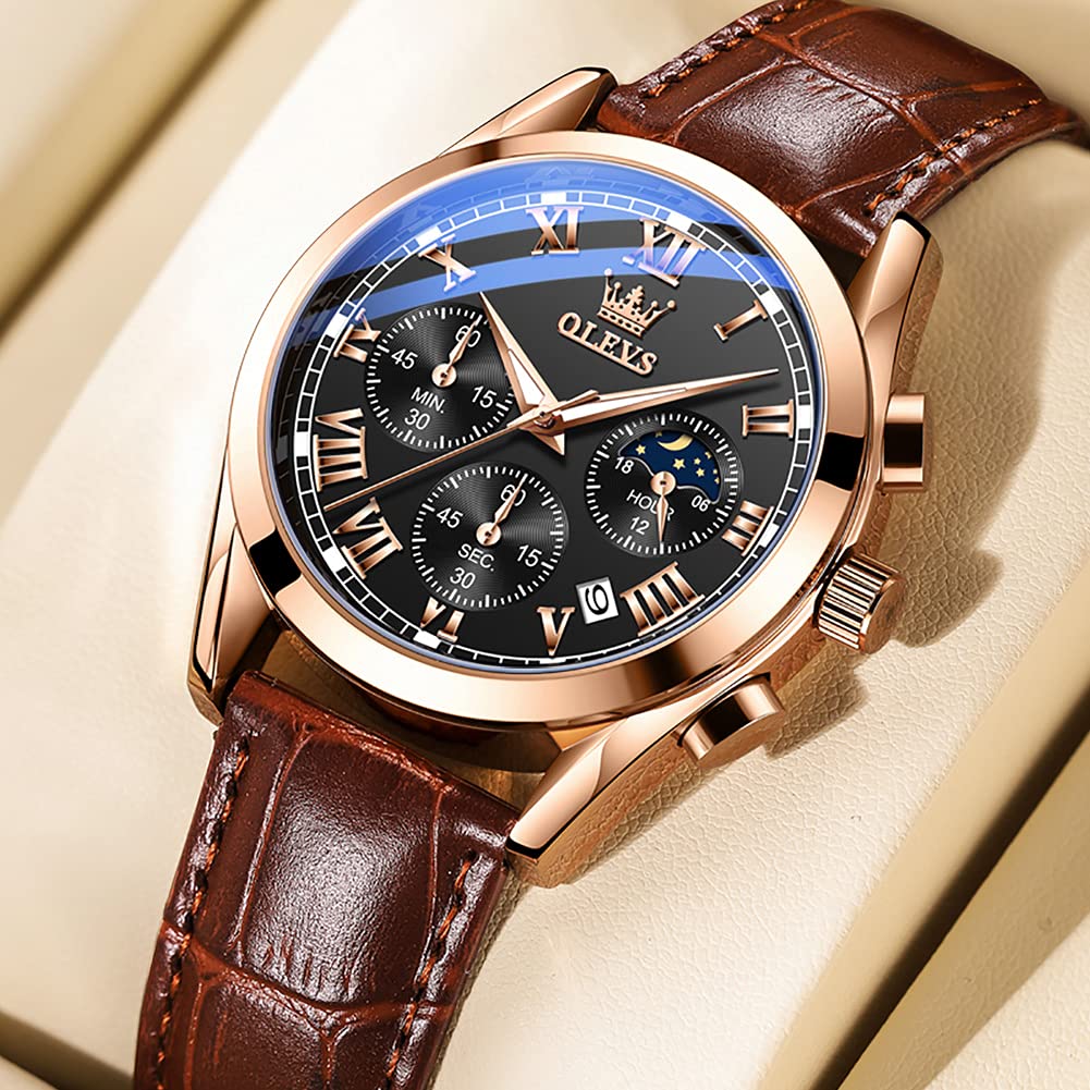 OLEVS Men's Leather Analog Quartz Watch - Luxury Chronograph Wristwatch with Date, Waterproof, Luminous - Dress Style