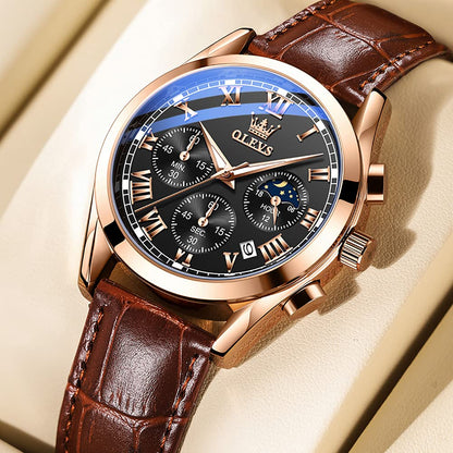 OLEVS Men's Leather Analog Quartz Watch - Luxury Chronograph Wristwatch with Date, Waterproof, Luminous - Dress Style