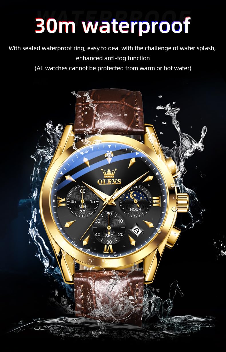 OLEVS Men's Leather Analog Quartz Watch - Luxury Chronograph Wristwatch with Date, Waterproof, Luminous - Dress Style