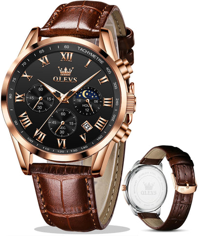 OLEVS Men's Leather Analog Quartz Watch - Luxury Chronograph Wristwatch with Date, Waterproof, Luminous - Dress Style