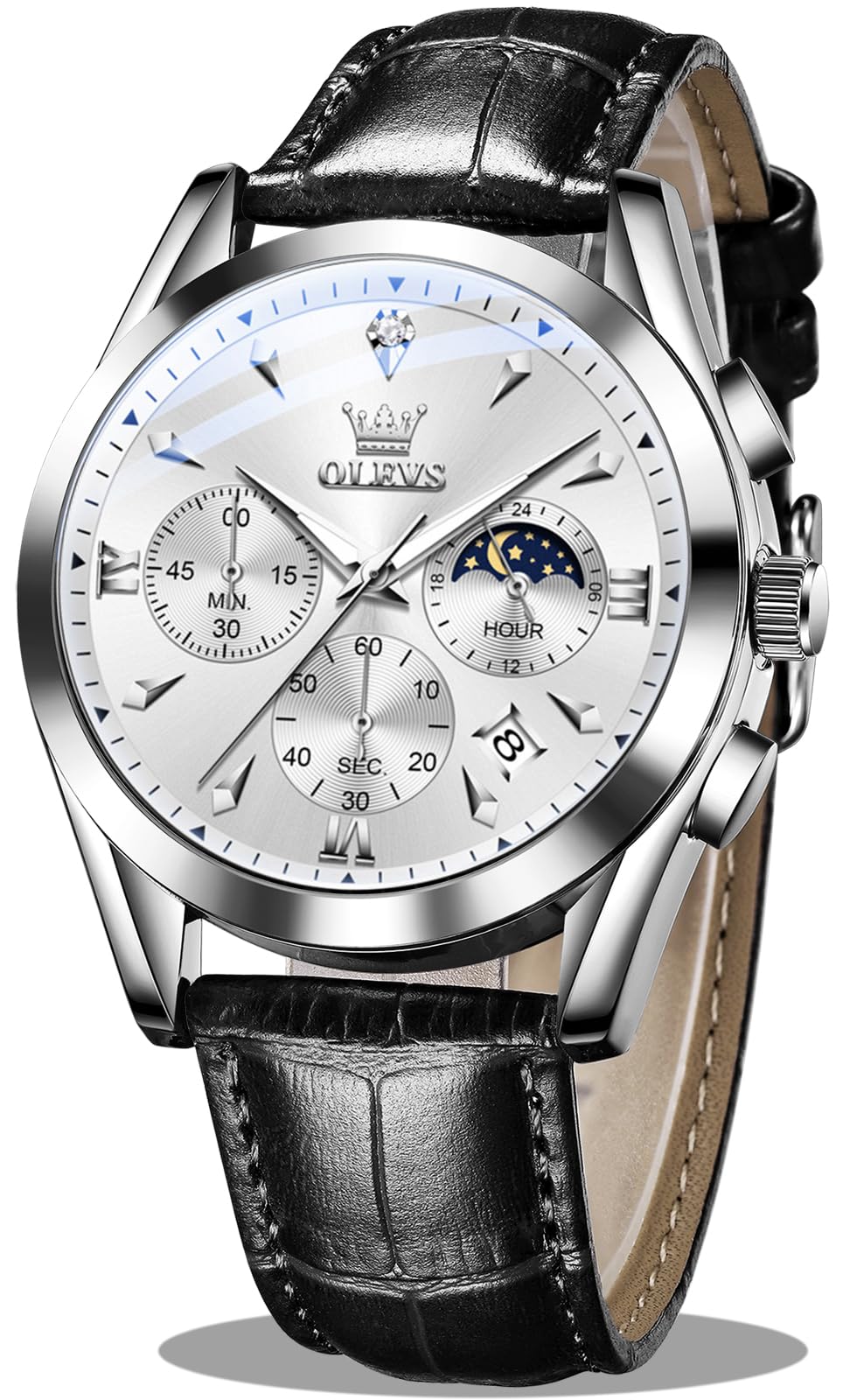 OLEVS Men's Leather Analog Quartz Watch - Luxury Chronograph Wristwatch with Date, Waterproof, Luminous - Dress Style