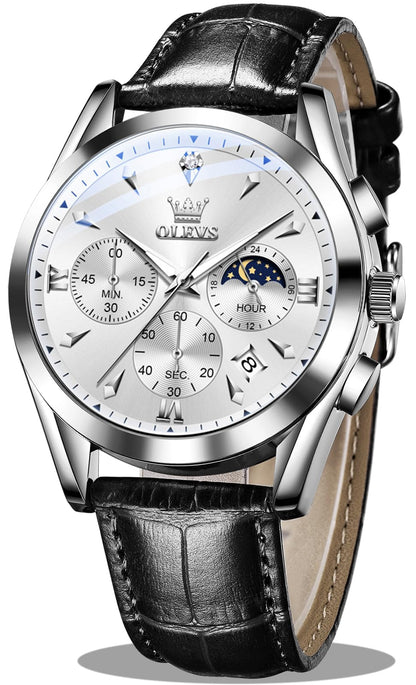 OLEVS Men's Leather Analog Quartz Watch - Luxury Chronograph Wristwatch with Date, Waterproof, Luminous - Dress Style