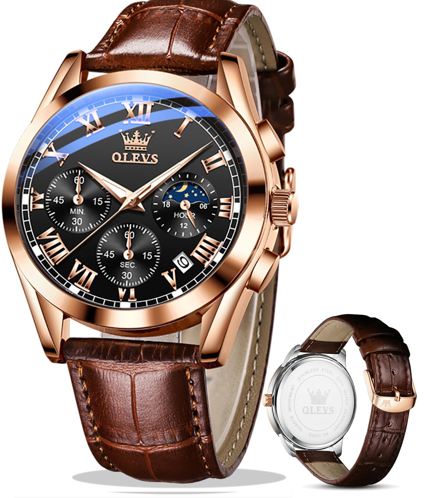 OLEVS Men's Leather Analog Quartz Watch - Luxury Chronograph Wristwatch with Date, Waterproof, Luminous - Dress Style