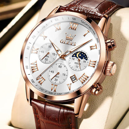 OLEVS Men's Leather Analog Quartz Watch - Luxury Chronograph Wristwatch with Date, Waterproof, Luminous - Dress Style