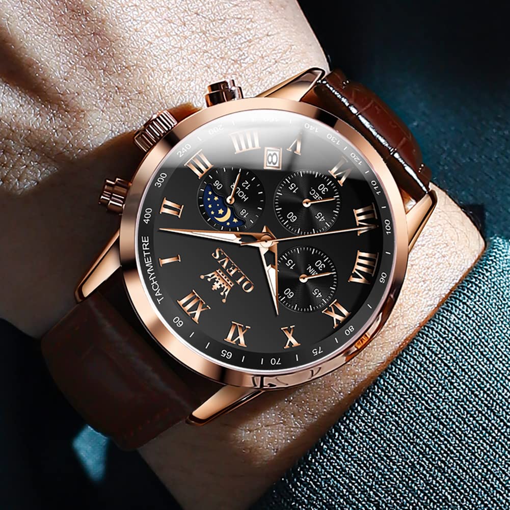 OLEVS Men's Leather Analog Quartz Watch - Luxury Chronograph Wristwatch with Date, Waterproof, Luminous - Dress Style