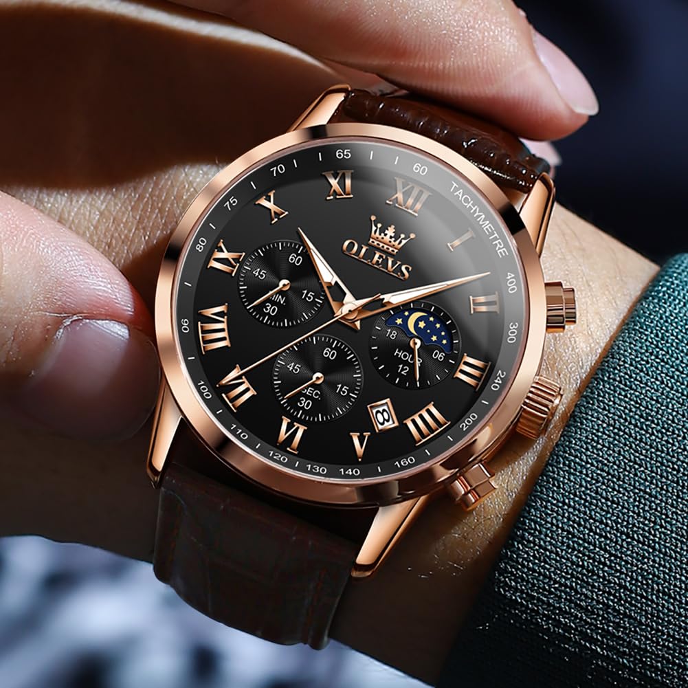 OLEVS Men's Leather Analog Quartz Watch - Luxury Chronograph Wristwatch with Date, Waterproof, Luminous - Dress Style