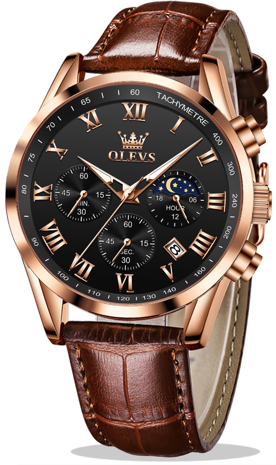 OLEVS Men's Leather Analog Quartz Watch - Luxury Chronograph Wristwatch with Date, Waterproof, Luminous - Dress Style