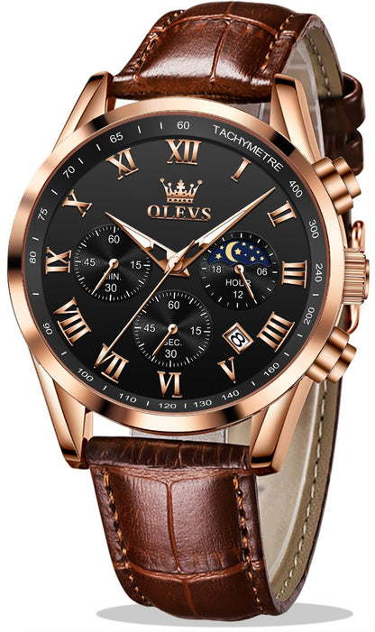 OLEVS Men's Leather Analog Quartz Watch - Luxury Chronograph Wristwatch with Date, Waterproof, Luminous - Dress Style