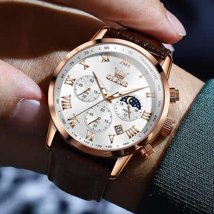 OLEVS Men's Leather Analog Quartz Watch - Luxury Chronograph Wristwatch with Date, Waterproof, Luminous - Dress Style