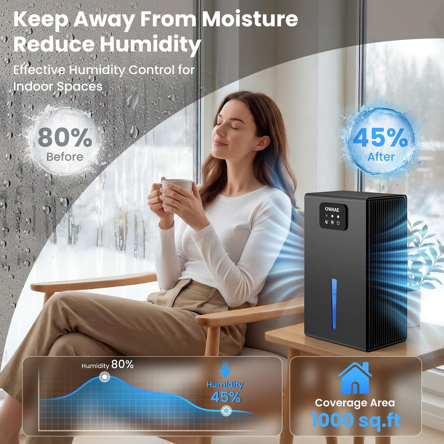 Dehumidifier, 1000 sq.ft Quiet Dehumidifiers for Home Bedroom Basement Bathroom with 95oz Water Tank, Sleep Mode, Auto Shut-Off 7 Colors LED Light, Grey