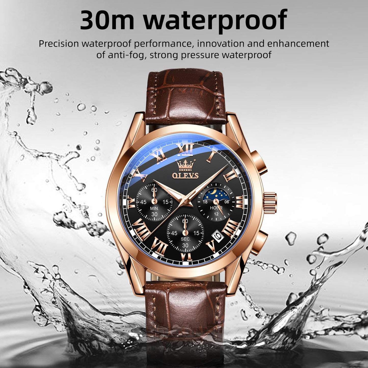 OLEVS Men's Leather Analog Quartz Watch - Luxury Chronograph Wristwatch with Date, Waterproof, Luminous - Dress Style