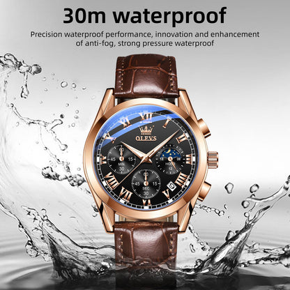 OLEVS Men's Leather Analog Quartz Watch - Luxury Chronograph Wristwatch with Date, Waterproof, Luminous - Dress Style