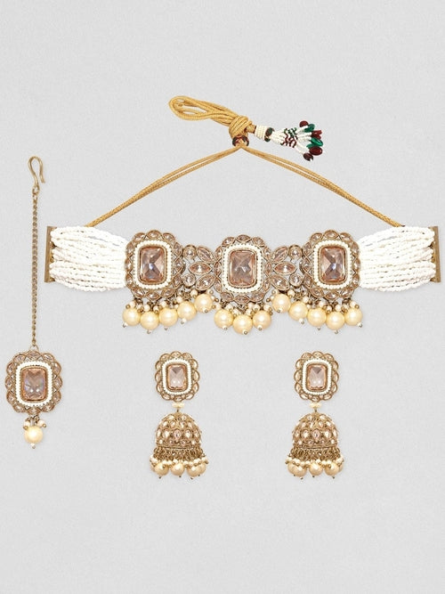 Gold Plated toned Reverse AD & Pearl Beaded Jewellery Set